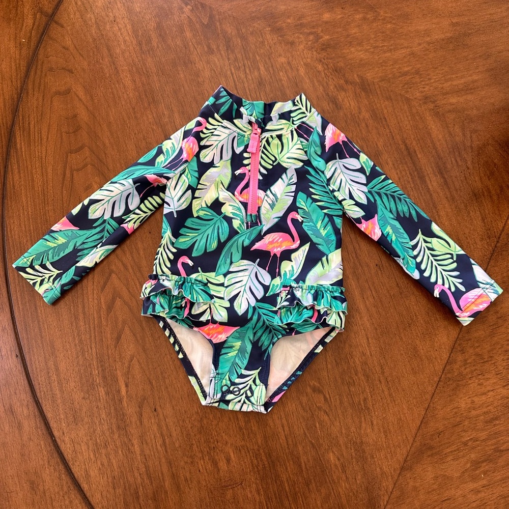Carter's Navy Long-Sleeve Flamingo & Leaf One-Piece Swimsuit